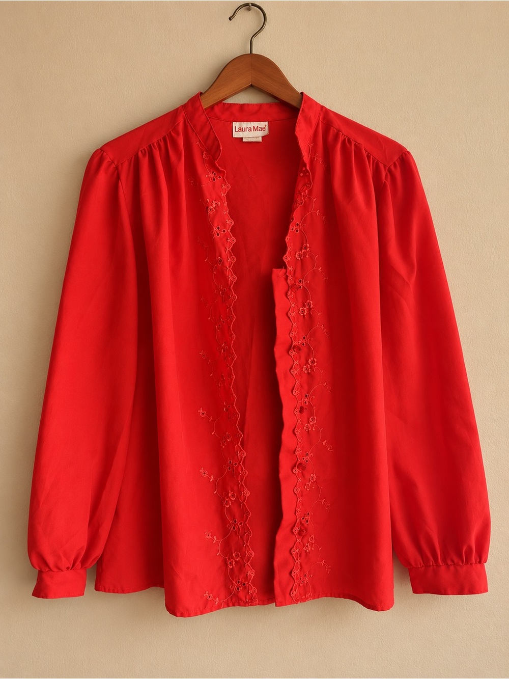Laura Mae Red Embroidered Open-Front Women's Blouse